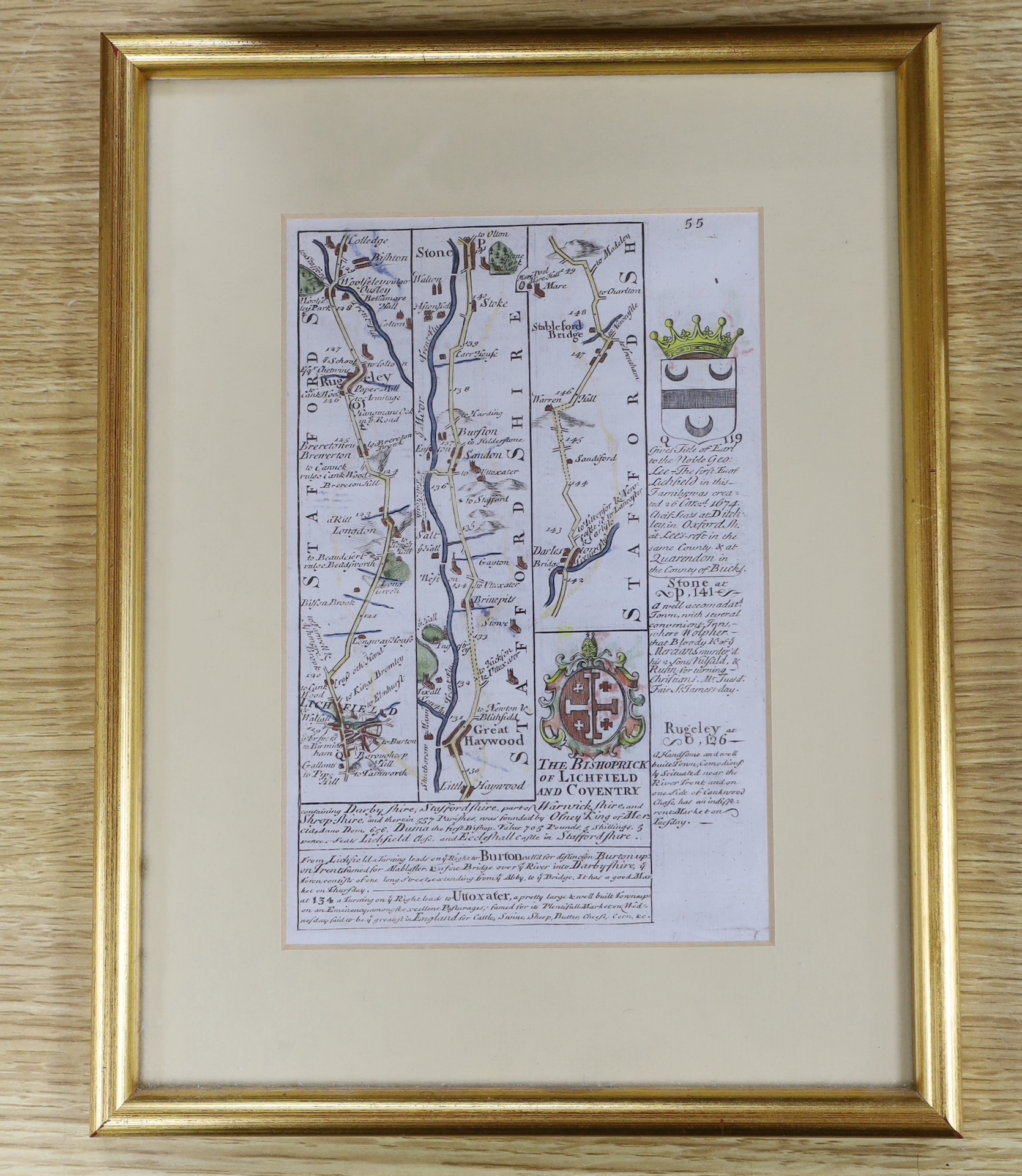 18th century English School, coloured engraving, Road map; The Bishopric of Lichfield, The Deanery of Litchfield verso, 19 x 12.5cm